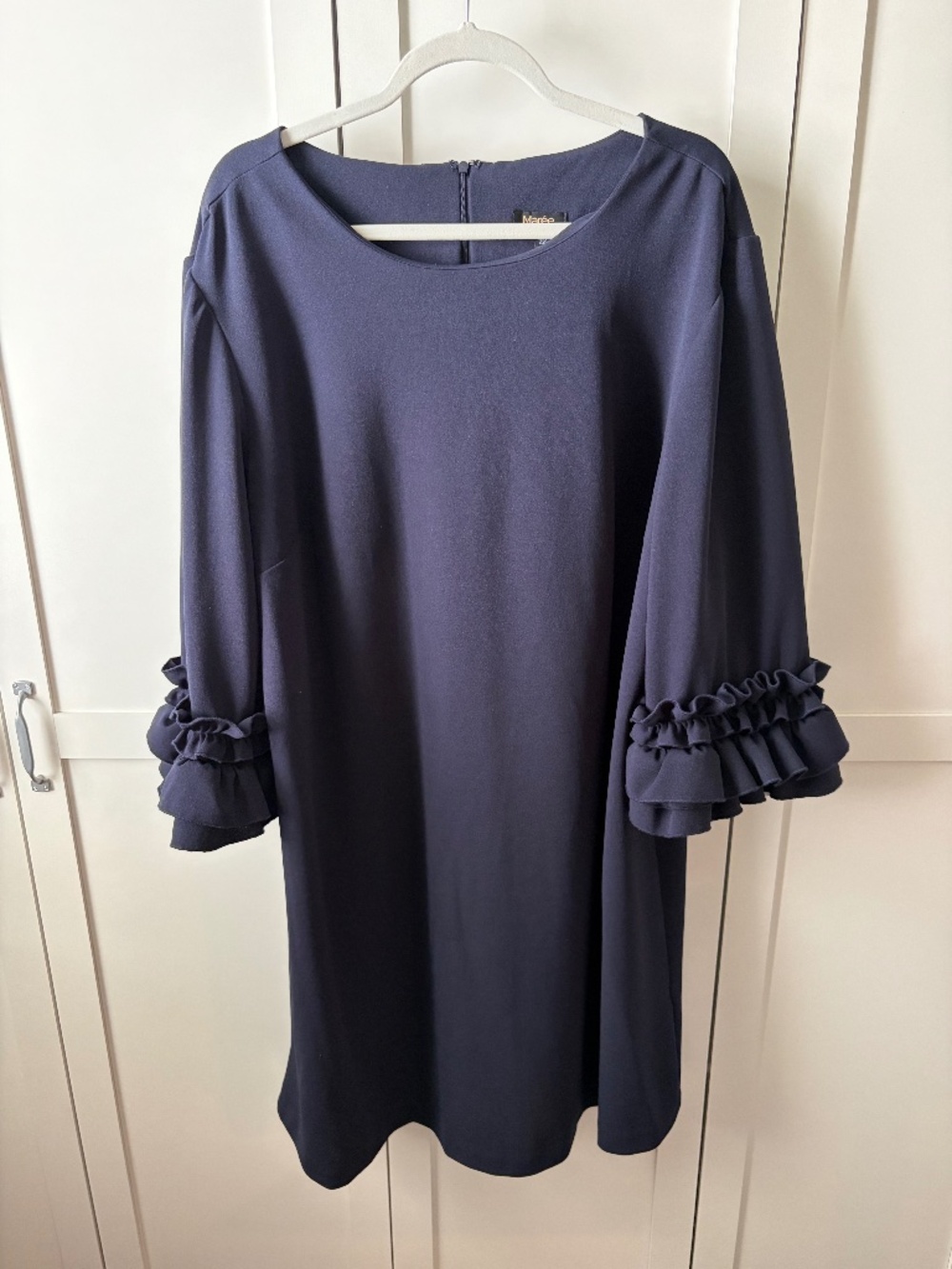 Maree Size 22 Navy Sheath dress with 3/4 ruffle sleeve